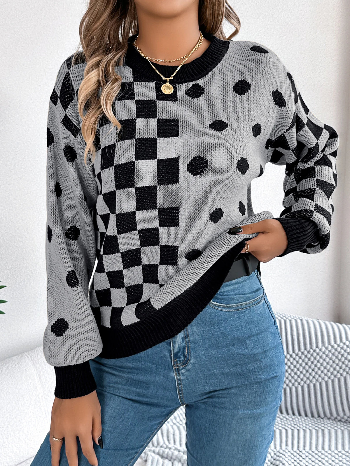  Autumn Winter Casual Contrasting Grid Dot Long Sleeve Knitted Pullover Fashion New Year and Christmas Sweater Women Clothes