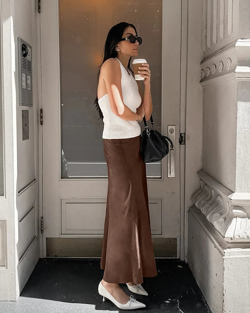 BKLD Autumn And Winter Retro New Fashionable Suede Fabric Brown Slimming High Waist Straight Skirt Casual Long Skirts For Women