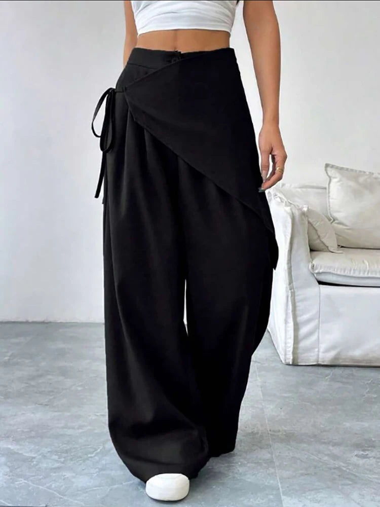 Elegant Irregular Suit Pants for Women High Waist Loose Wide Leg Pants Asymmetrical Lace Up Trousers Elastic Waist Casual Pants