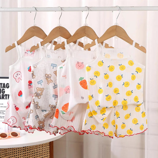 2025 Girl Ruffles Sleepwear Clothing Set Kids Summer Tank Tops Shorts 2 Piece Pajamas