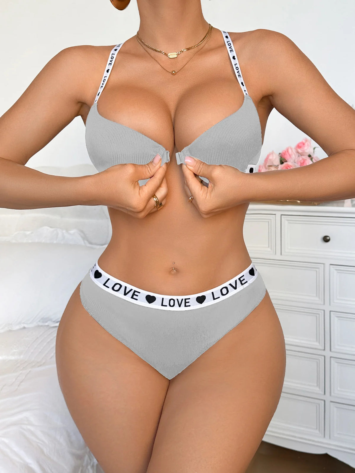 Letter Strap Women's Underwear Set with Push Up and Rib Knit Underwire Women Bra Panties Letter Comfort Lingerie Set