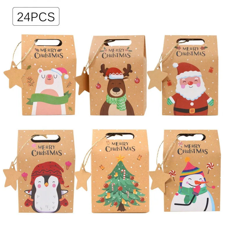 24pcs Christmas Paper Gift Bags with Banderole Candy Cookies Packaging Boxes Santa Claus Xmas Tree Home Party Decoration