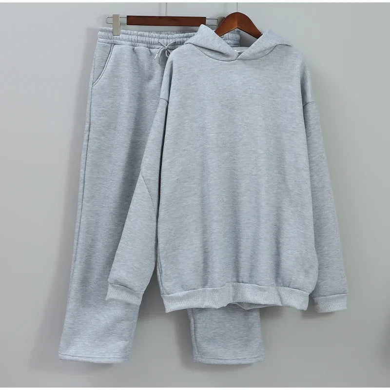 Solid Couple's Hooded Sweatshirt 2 Piece Set Casual Loose Sweatpants Suit Autumn Male Jogging Sweatshirt Trousers Outfits Suits