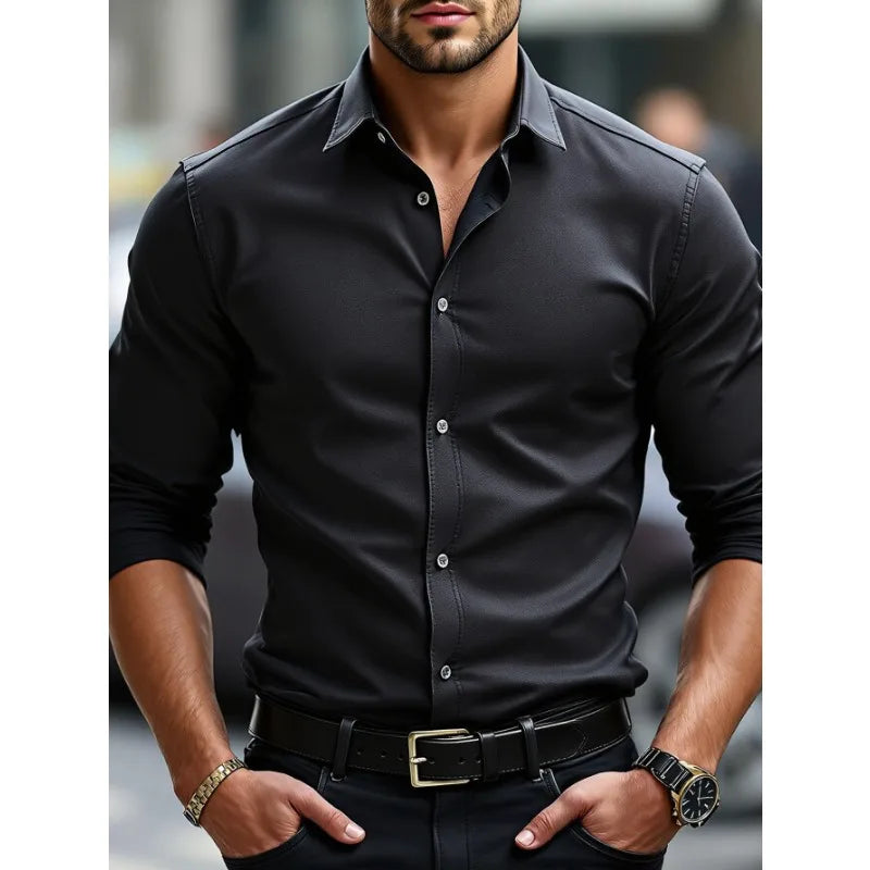 Bolubao Men Smart Casual Shirt Brand Fashion Solid Color Long Sleeve Elastic Fabric Male Business Dress Black Shirt