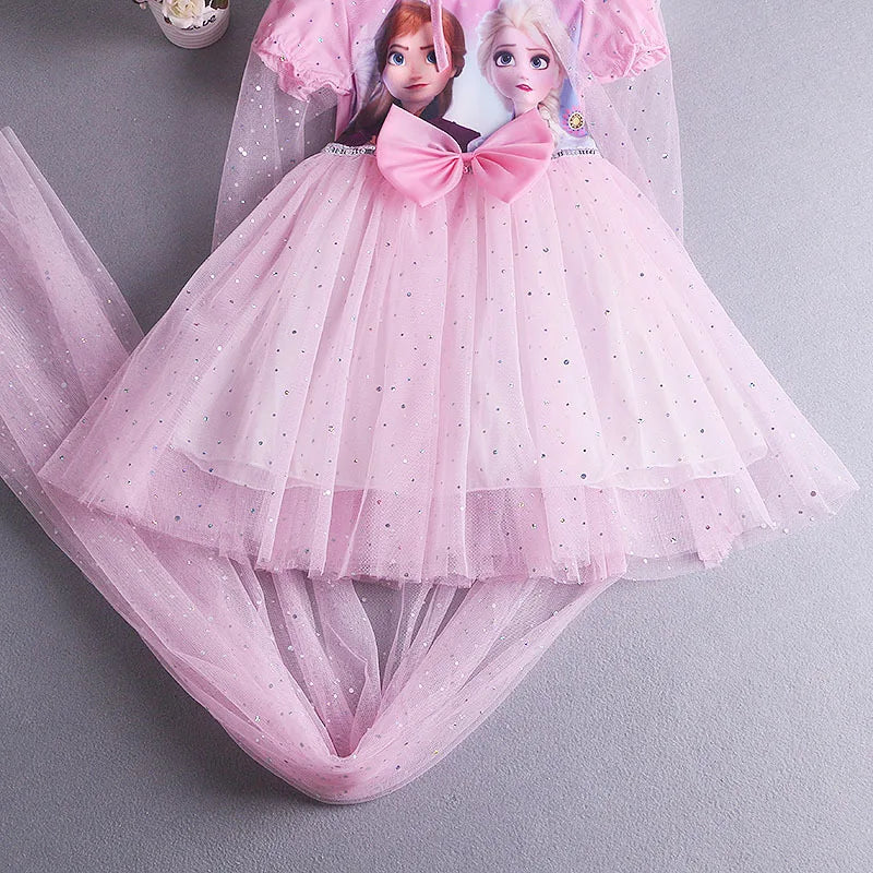 Disney Elsa Princess Dress with Cape Girls Dress Summer Kids Short Sleeve for Children's 2-8Y