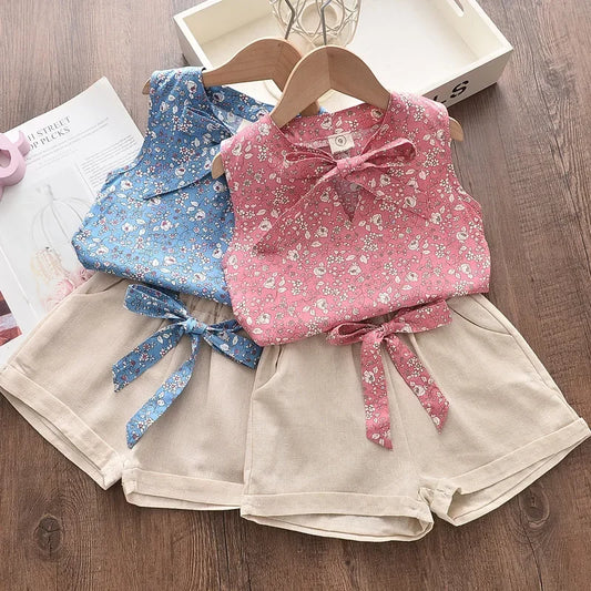 Girls Summer Chiffon Kids Clothes Cotton Set Short Sleeve 2025 New