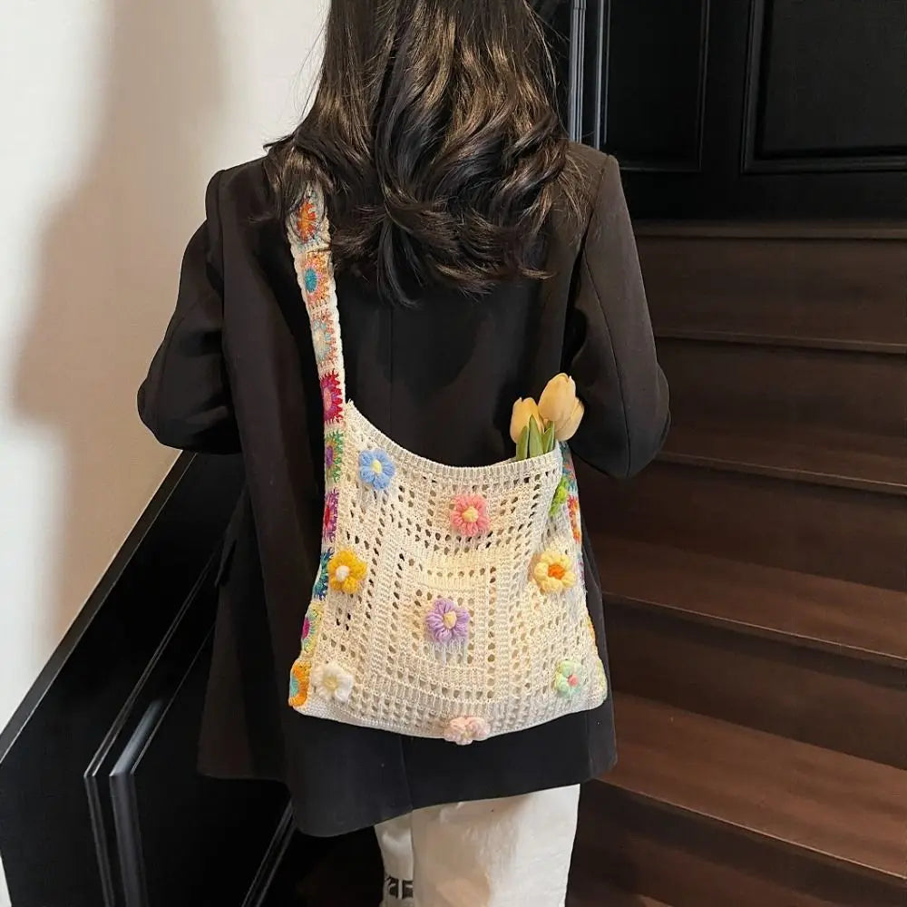 Boho Knitting Shoulder Bag Floral Large Capacity Bohemian Crochet Crossbody Bag Ethnic Style Lazy Style Casual Woven Handbag