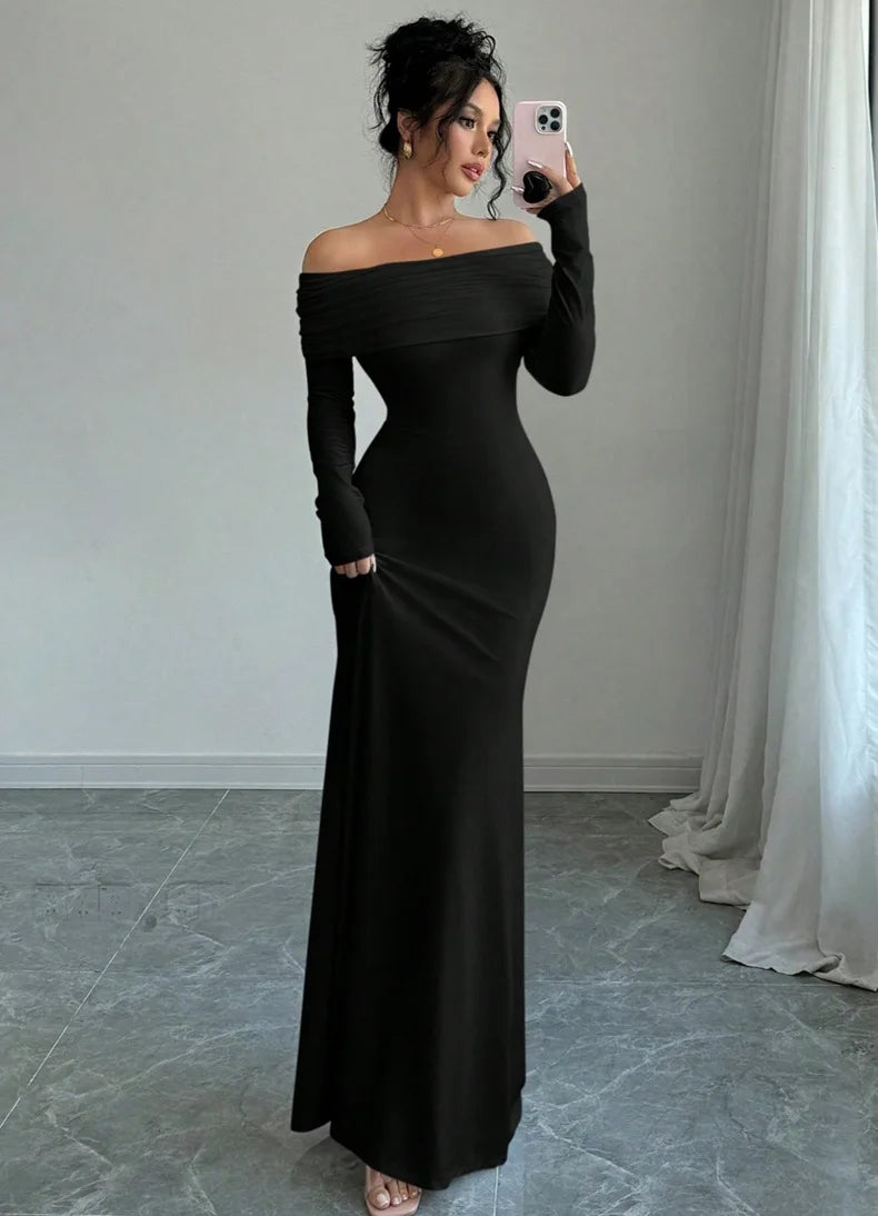 New arrival elegant women for spring season. Elegant long dress featuring a chic one-shoulder (slash neck)