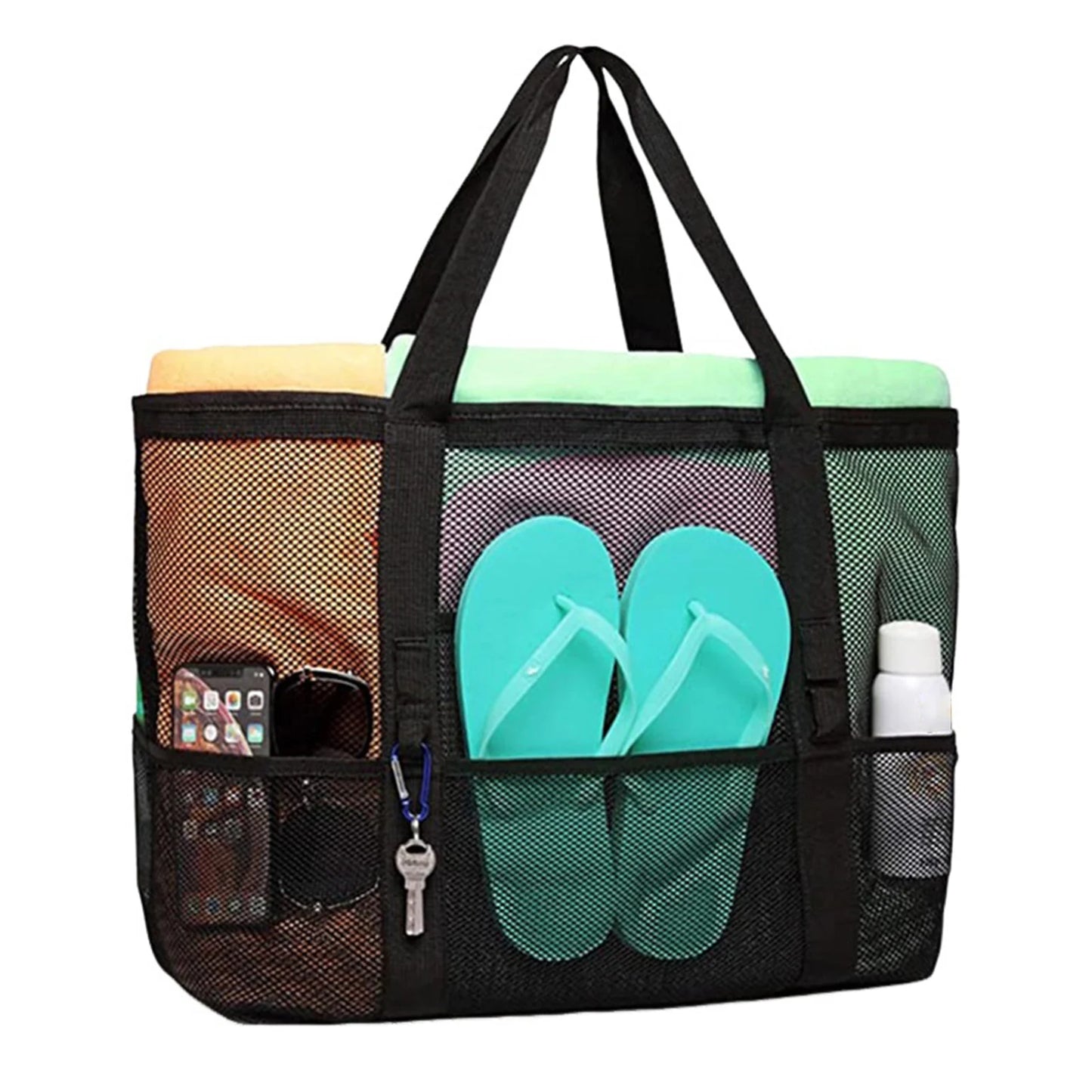 Mesh Beach Bags Beach Tote Bag With Multi Pockets Large Capacity Travel Tote Handbag Swim Pool Bag Multifunctional Storage Bag