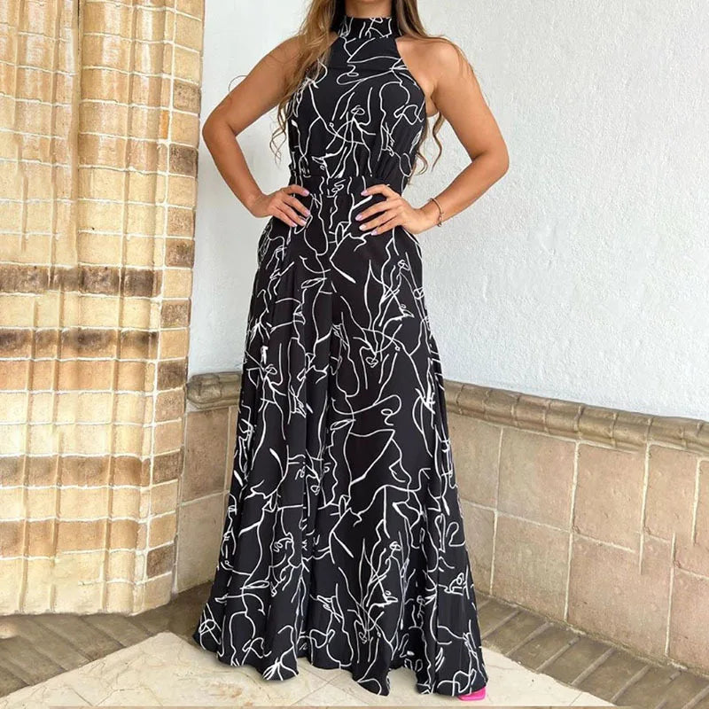 Summer Lace-Up Sleeveless Jumpsuit – Loose Fit with Geometric Print & Pockets | جمبسوت صيفي أنيق بدون أكمام برباط خصر ونقشة هندسية مع جيوب