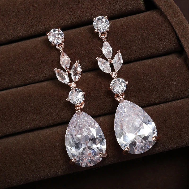 ZAKOL Fashion Trendy Water Drop AAA Cubic Zircon Leaf Dangle Earrings Shining Clear CZ Elegant Bridal Earring Jewelry