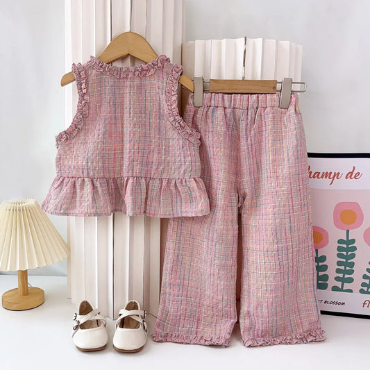 Pink Girl's Summer Two-piece Set with Single Breasted Sleeveless