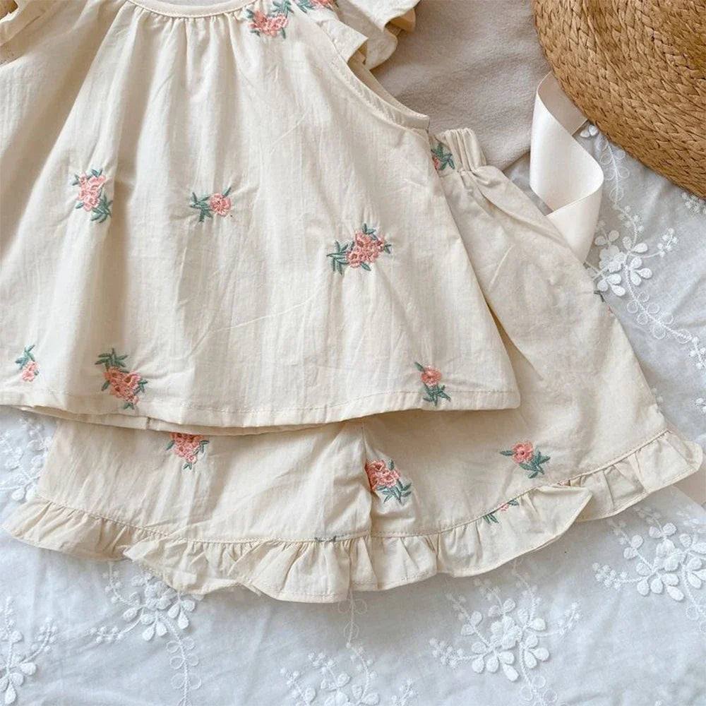 Girls' Summer Fashion Set Children's Flower Print Flying Sleeve Top+Shorts Two Piece Cute Little Girl Refreshing Set
