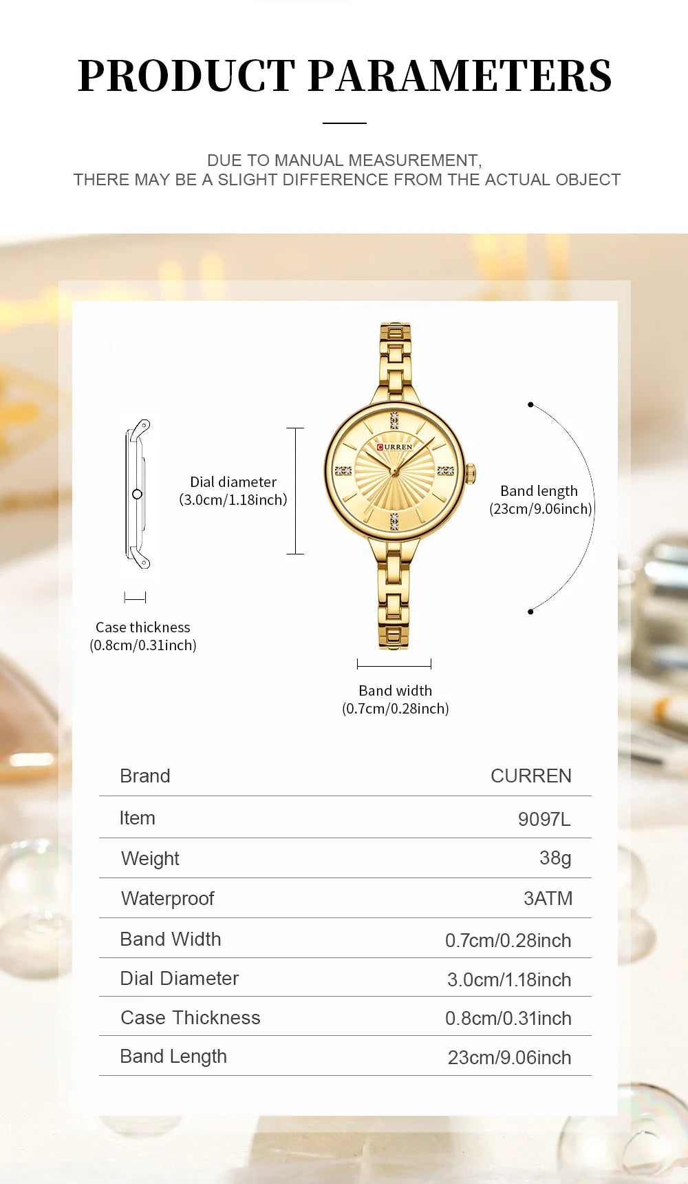 CURREN Luxurious and Elegant Round Dial with Stainless Steel Bracelet Fashion Dress Quartz Watches for Women