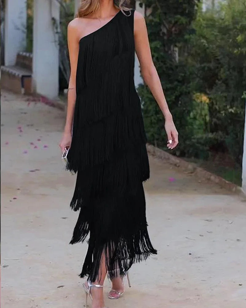 BKLD Solid Color 2026 Spring Summer New Fashion Tassel One Shoulder Sleeveless Asymmetric Dress Clothes For Women Evening Dress