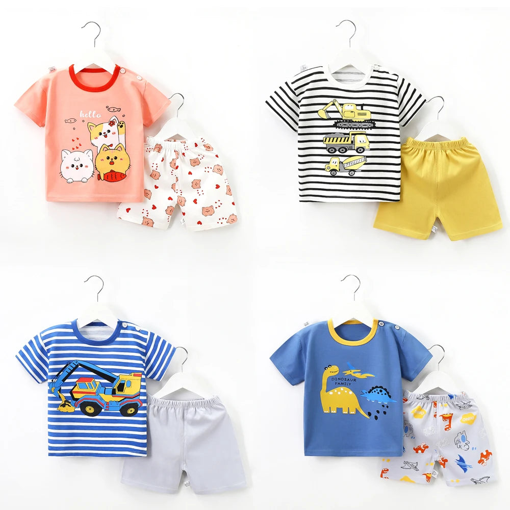 Kids Summer Clothes Set Cartoon Baby Tops Shorts Set 2Pcs Cotton Children Loungewear Suit Kids Girls Boys Sport Outfit Suit