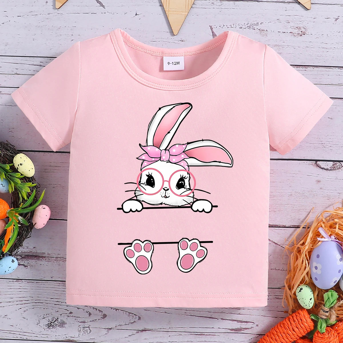 Summer Girls T-Shirt Round Neck Short Sleeved Cartoon Rabbit Letter