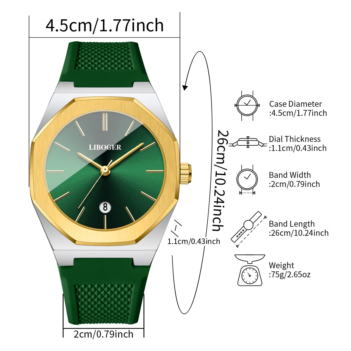 Fashion Octagonal Dial Men Calendar Quartz Watch Casual Silicone Strap Sports Wristwatches Relogio Masculino(Without Box)