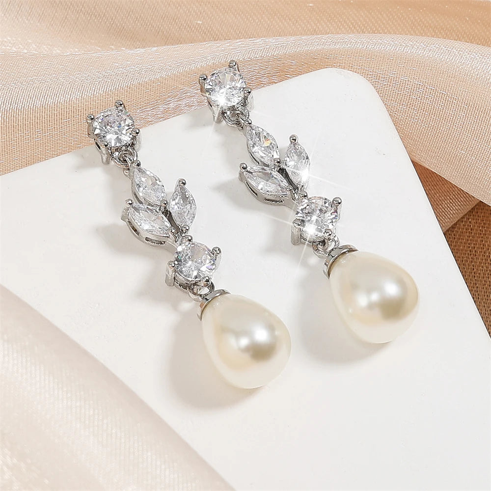 ZAKOL Classic AAA Zircon Pear Shape Imitation Pearl Drop Earrings for Women Fashion Bridal Engagement Wedding Jewelry