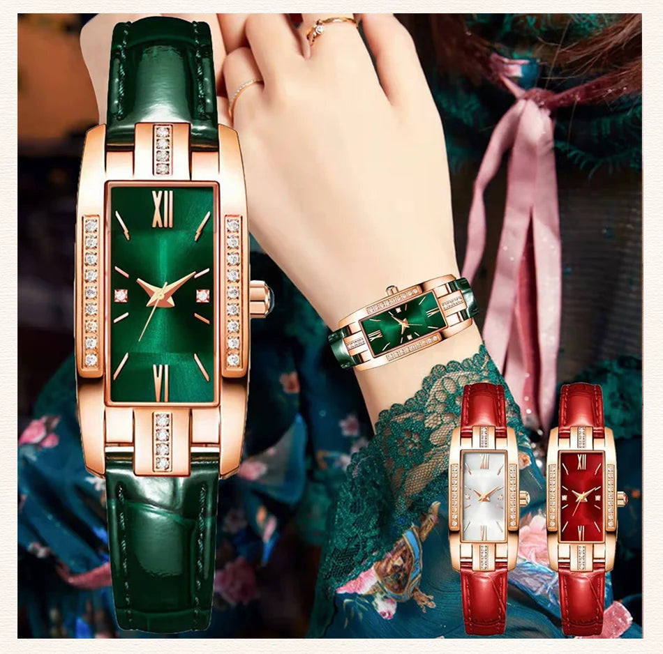 Womens Watches Fashion Square Ladies Quartz Watch Bracelet Set Green Dial Simple Leather Luxury Women Watches