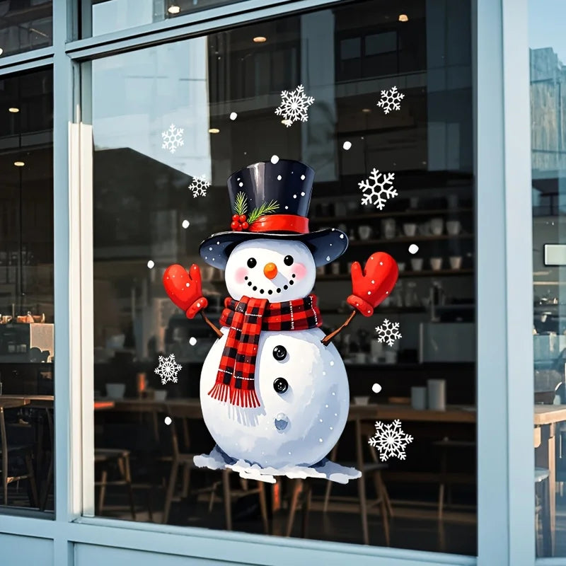 Christmas Window Cling, Static Sticker, Christmas Snowman, White Snowflake,Christmas Hat Elements Glass Sticker,for Home Windows
