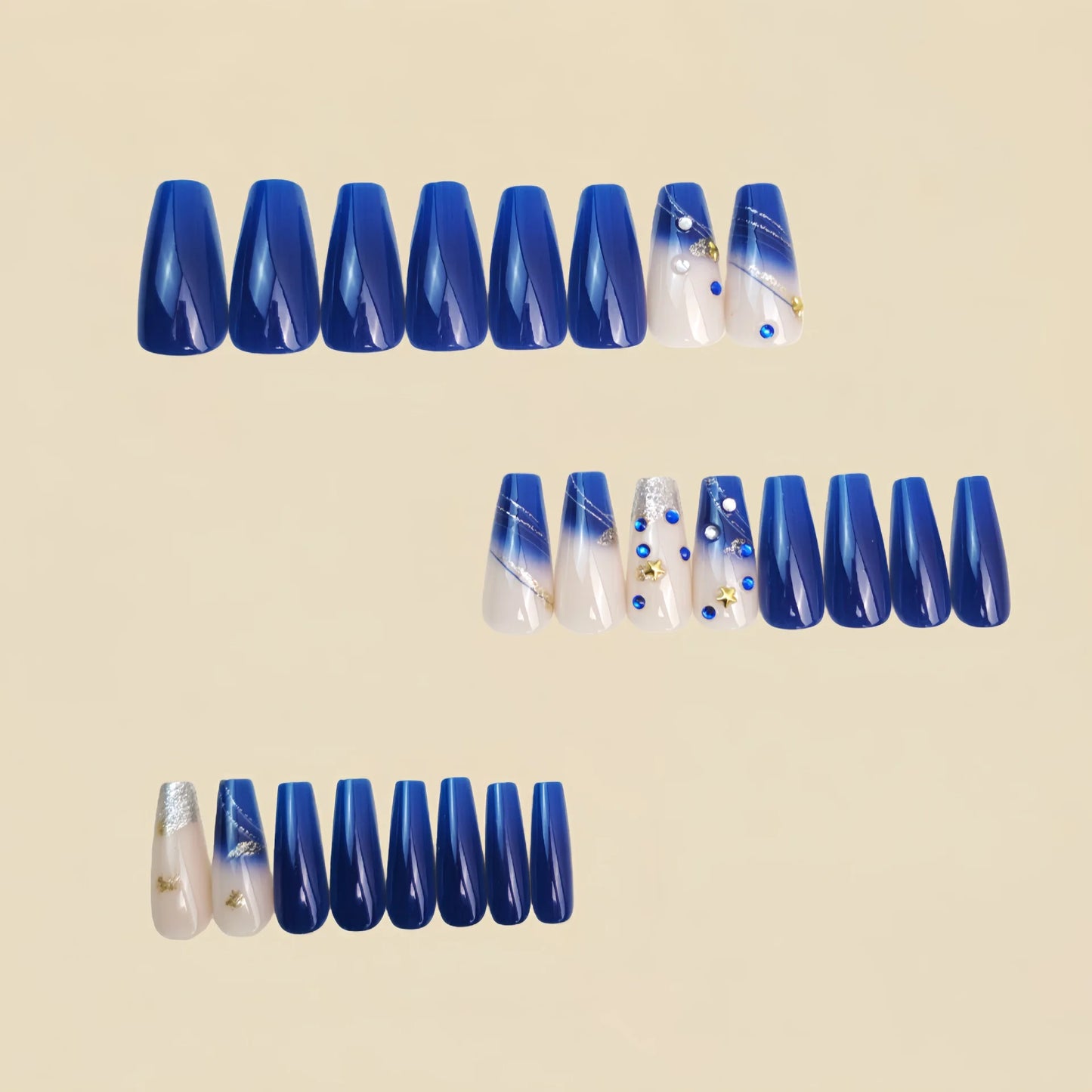 Medium long fake nails gradient purple blue colors with rhinestones design full cover reusable ABS press on Artificial nail