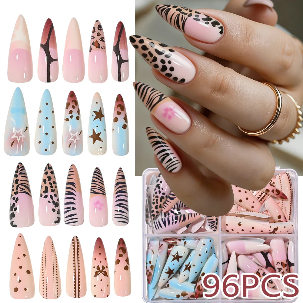96Pcs Long Coffin Ballet Full Cover Fake Nails Square False Nails Glitter Artificial Fingernails Women Wearable Press on Nails