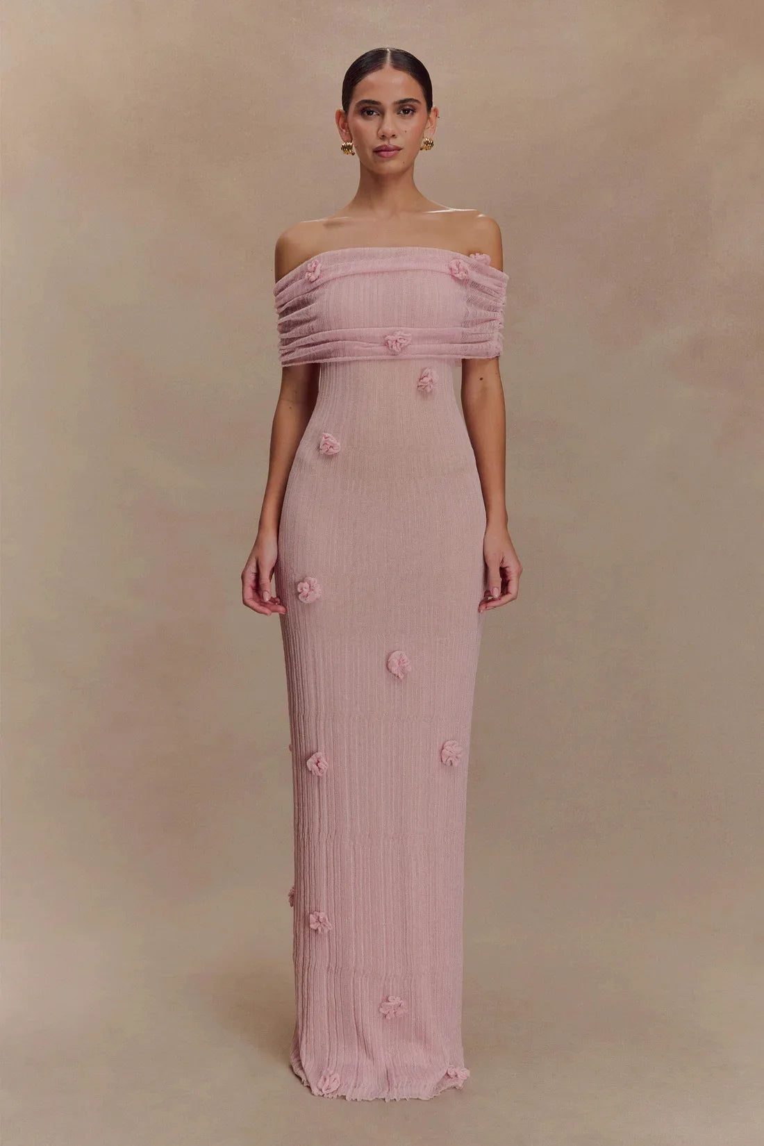 Elegant 3d Flower Off Shoulder Maxi Dress Sleeveless Perspective Pleated Slim Solid Color Robes 2026 Fashion Evening Party Gowns