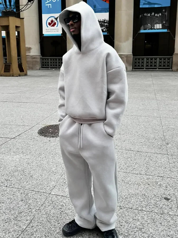 Solid Couple's Hooded Sweatshirt 2 Piece Set Casual Loose Sweatpants Suit Autumn Male Jogging Sweatshirt Trousers Outfits Suits