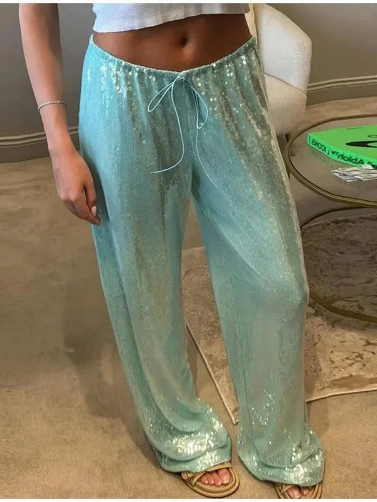 Summer Vacation Y2k Women's Sequined Pants Lady Chic High-Waist Lace Up Loose Fit Straight Mop Trouser Female Casual Streetwear