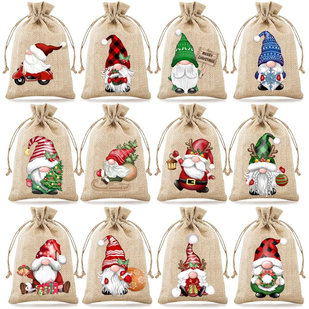12Pcs Retro Red Truck Christmas Drawstring Pockets, Various Christmas Element Carriers, Painted and Printed Fabric Small Bags