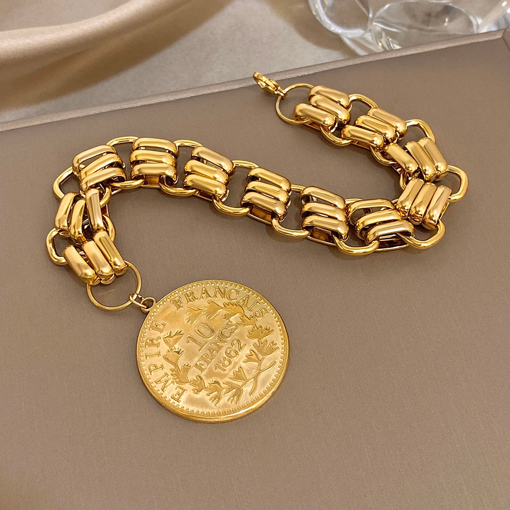 Chunky Punk Vintage Carved Head Portrait Coin Pendant Stainless Steel Bracelets Gold Plated Thick Chain Fashion Jewelry