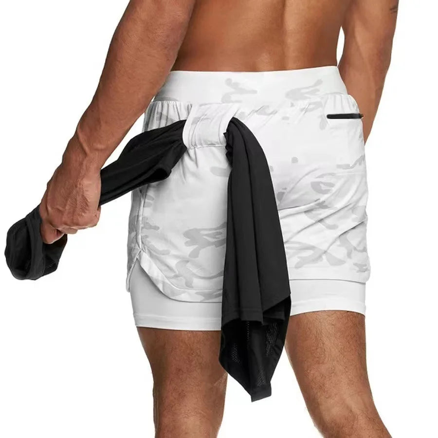 Men Running Shorts Camo Gym Sports Shorts 2 in 1 Quick Dry Workout Fitness Training Jogging Short Summer with Pocket Men Shorts