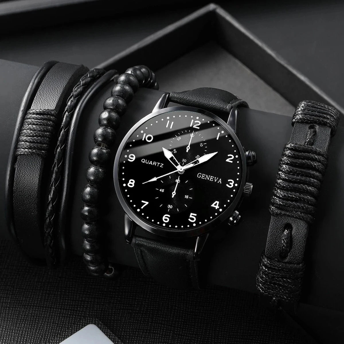 5PCS/Set Men's Business Watches Fashion Arabic Dial Leather Band Quartz Watch Bracelets Set(Without Box)
