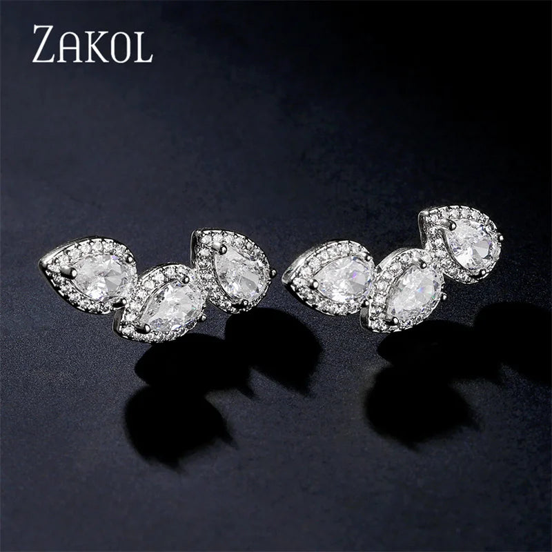 ZAKOL Luxury Shiny Zircon Leaf Stud Earrings For Women Exquisite Crystal Water Drop Ear Cuff Wrap Earring Wedding Jewelry