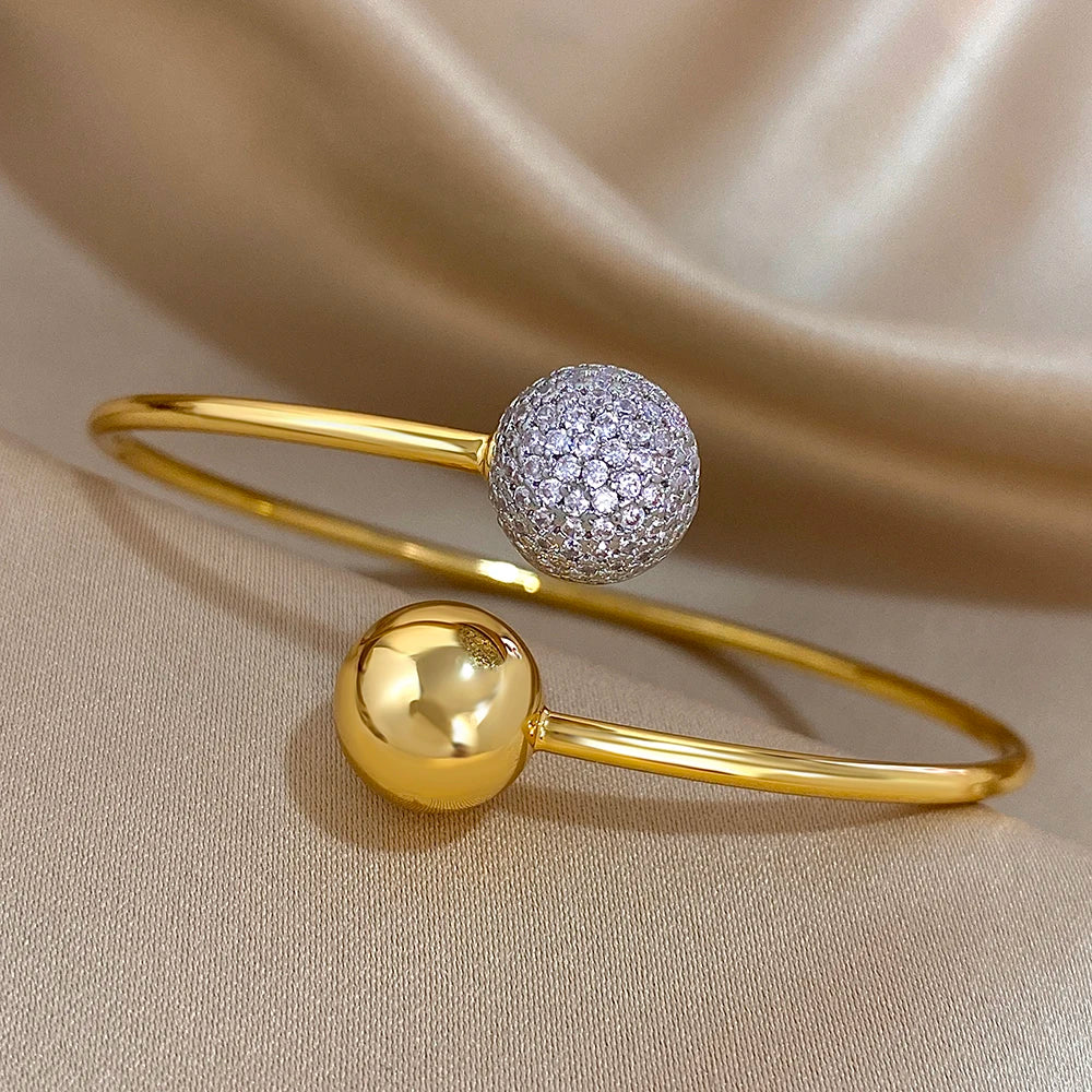 Fashion Design Chic Gold Color Inlaid Rhinestone Ball Stainless Steel Open Bracelet Bangle Statement Jewelry High Quality Gift