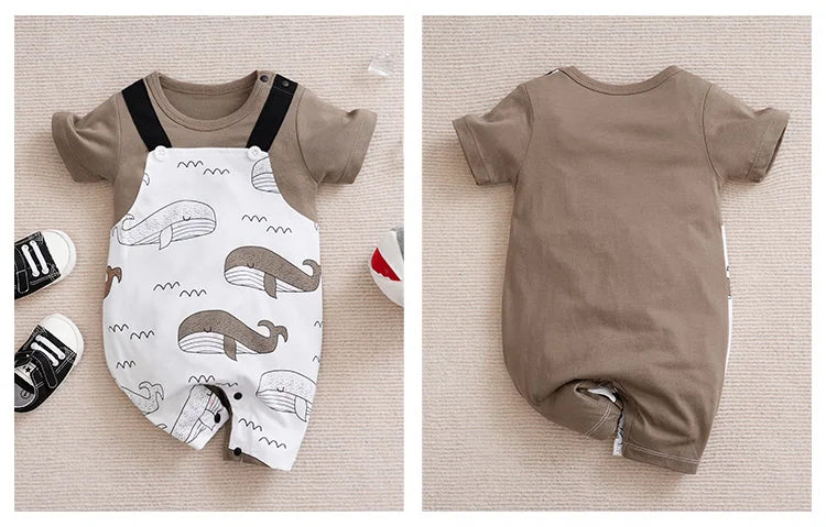 Baby Boy Girl Newborn Casual Cute Cartoon Whale Fake Two Pieces Of Baby Jumpsuit Cotton Summer Short Sleeved Jumpsuit