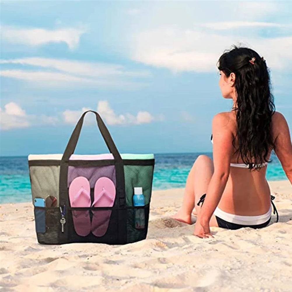 Mesh Beach Bags Beach Tote Bag With Multi Pockets Large Capacity Travel Tote Handbag Swim Pool Bag Multifunctional Storage Bag