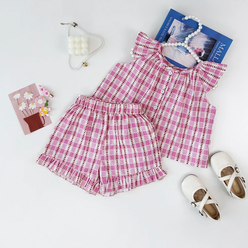 Girls' Summer Fashion Set Children's Flower Print Flying Sleeve Top+Shorts Two Piece Cute Little Girl Refreshing Set