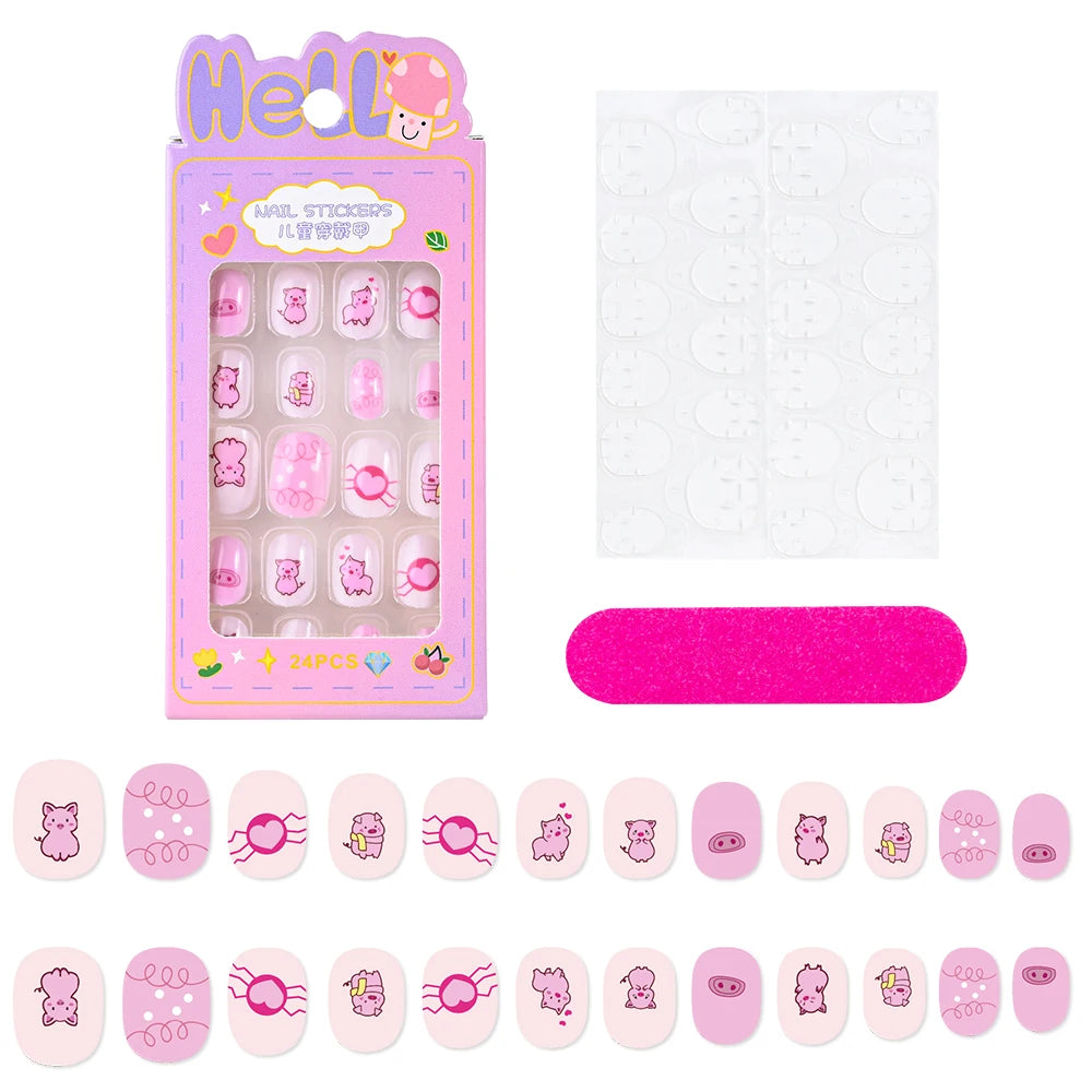 24Pcs/Box Cartoon Heart Bow Rainbow Design Kid Fake Nails Tips Cute False Nail Girls Press on Nails Full Cover Short Fingernails
