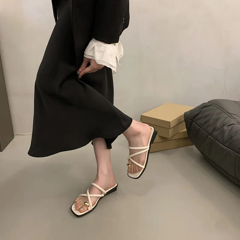 Women Summer Slippers Ladies Sandals Metal Decor Thong Flip Flop Low Heel Shoes Woman Outdoor Retro Brown Sandals Female