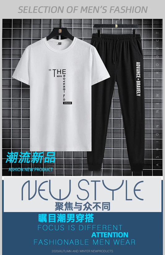 Trendy printed men's sports suit, summer casual T-shirt, leggings, two piece set, thin and breathable, solid color 2024 new prod