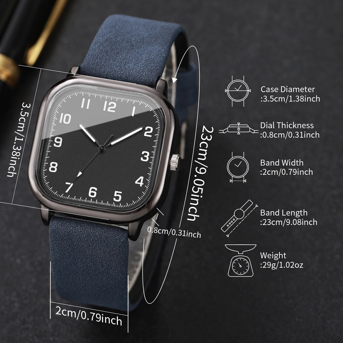 Fashion Square Arabic Men Business Watches Simple Blue Leather Band Quartz Wristwatches Clock Relogio Masculino(Without Box)