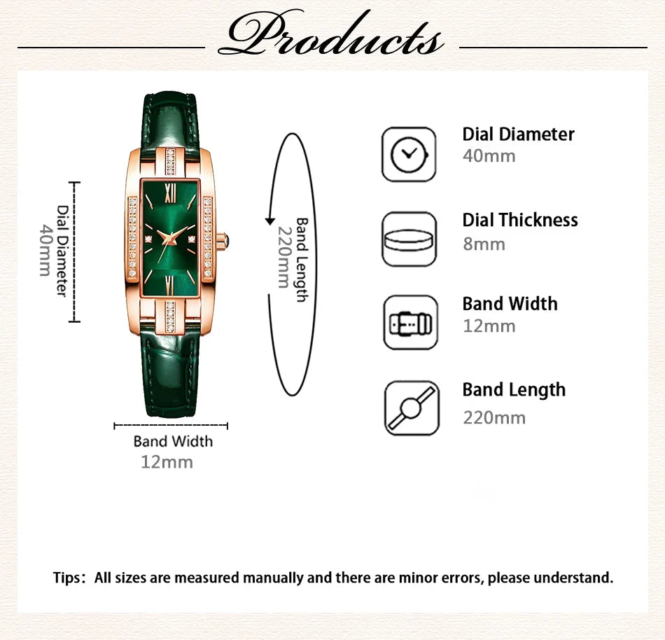 Womens Watches Fashion Square Ladies Quartz Watch Bracelet Set Green Dial Simple Leather Luxury Women Watches