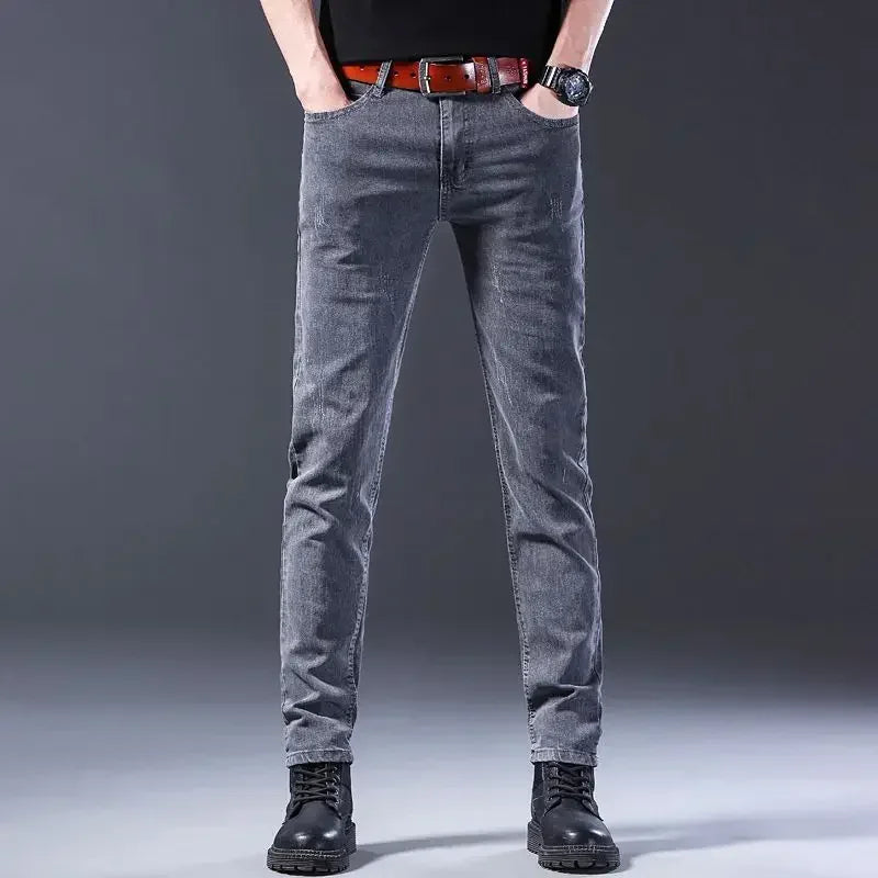 New Men Fashion Casual Business Denim Pants Male Slim Fit Straight Leg Trousers Stretch Solid Pants Size 27-38