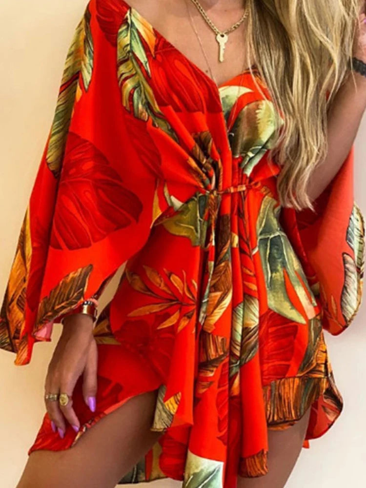 Sexy V-Neck Floral Boho Dress โ Asymmetrical Loose Fit with Batwing Sleeves | ูุณุชุงู ุจูููู
ู ุตููู ูุงุณุน ุจููุดุฉ ุฃูุฑุงู ููุงูุฉ V ูุฃูู
ุงู
ุจุงุช ูููุบ ุบูุฑ ู
ุชู
ุงุซู