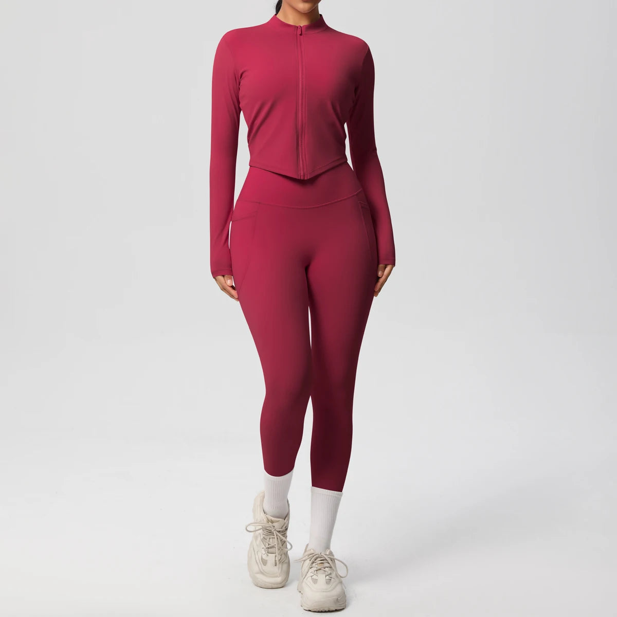 2PCS Yoga Suit Women Gym Set Leggings With Pocketed Women Tracksuit Running Zipper Workout Sportswear Long Sleeve Sports Shirt