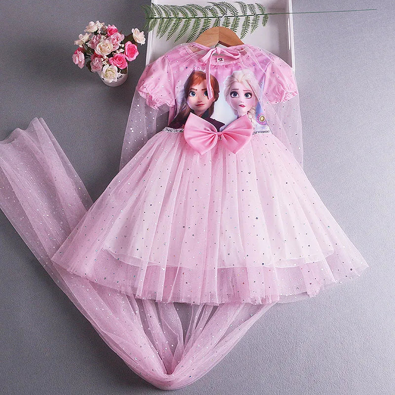 Disney Elsa Princess Dress with Cape Girls Dress Summer Kids Short Sleeve for Children's 2-8Y
