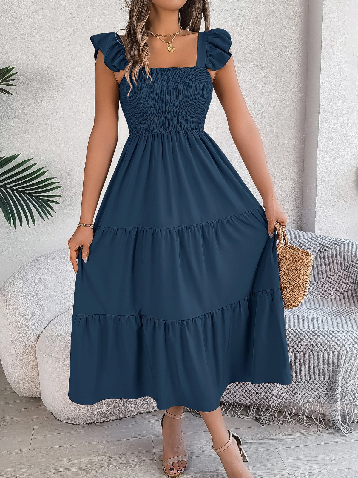 Spring Summer Solid Color Edible Tree Fungus Edge Square Neck Sleeveless Holiday Dress Elegant Long Dresses for Women Rose Blue