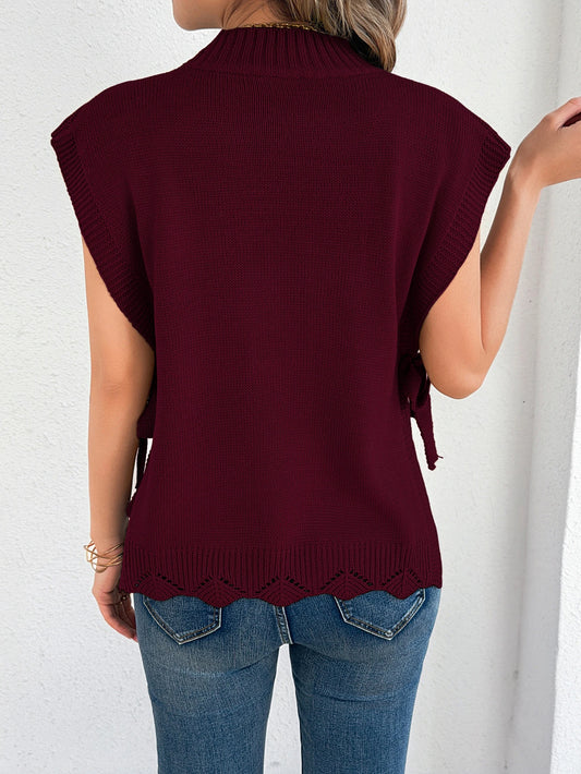Spring Autumn Casual Women Sweater 2026 Fall Fashion Mock Neck Bow Pattern Side Tie Detail Knitted Sleeveless Vest Pullover